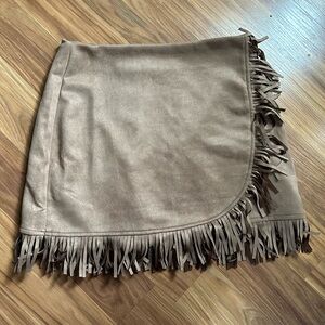 Pink Lily Brown Fringe Hem Suede Mini Skort